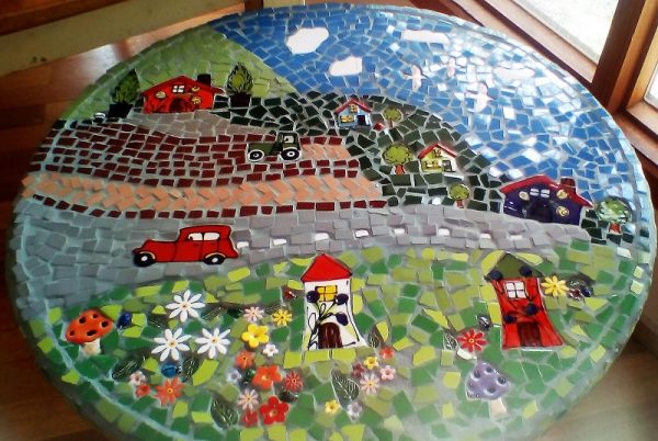 Ceramic Mosaic Inserts - Sandras Table car house mushroom flowers daisy leaf birds tree ladybird tractor www.mosaicinspiration.com.au
