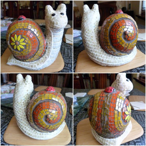 MOSAIC INSPIRATION Cheryls Snail using ceramic ladybird insert www.mosaicinspiration