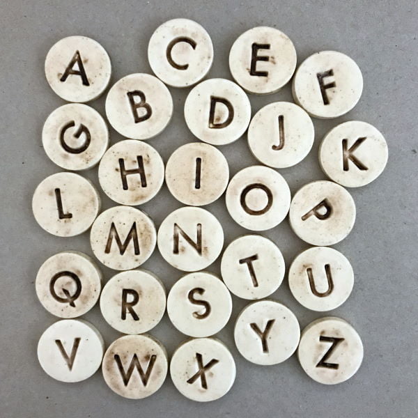20mm Circle Ceramic Letters A to Z Ceramic Alphabet Mosaic Inserts Mosaic Tiles www.mosaicinspiration.com