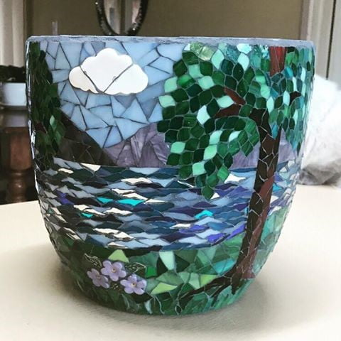 Lea's mosaic pot using flowers leaves and cloud inserts from MOSAIC INSPIRATION www.mosaicinspiration.com
