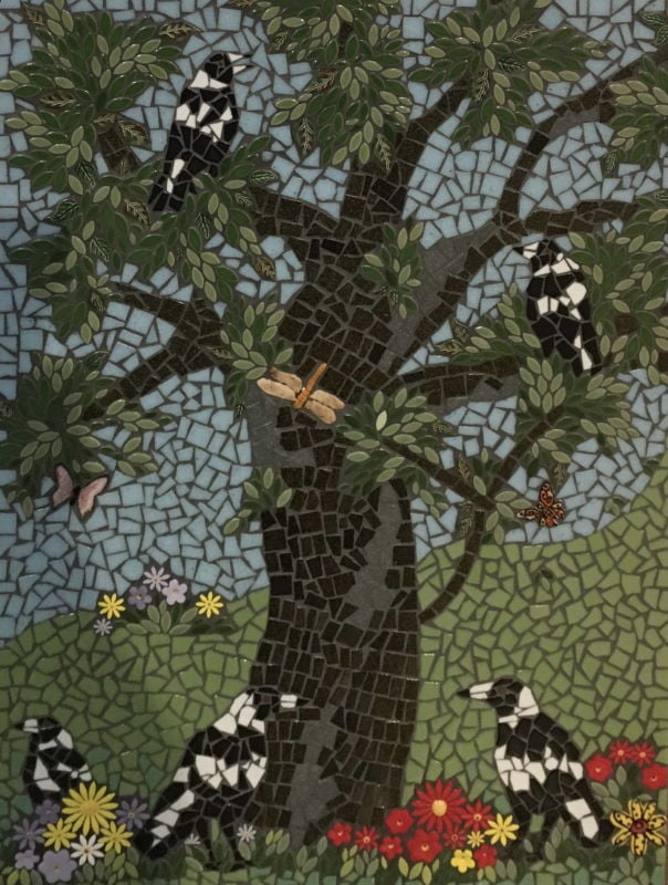 MOSAIC INSPIRATION - Julie's Tree and Magpies - flowers, leaves - www.mosaicinspiration
