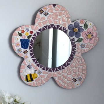 Mary's Mirror using flower, bee, leaf ceramic inserts from MOSAIC INSPIRATION www.mosaicinspiration.com