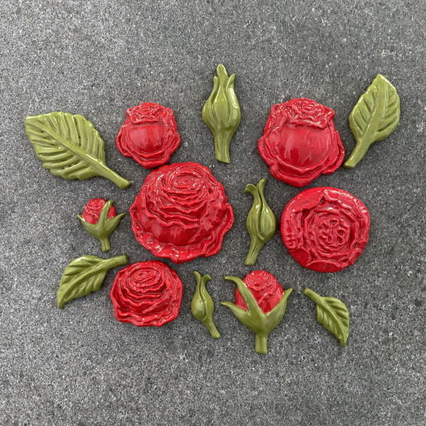 Ceramic Rose Set - Ceramic Roses, Ceramic Leaves, Ceramic Rosebuds - MOSAIC INSPIRATION mosaicinspiration.com