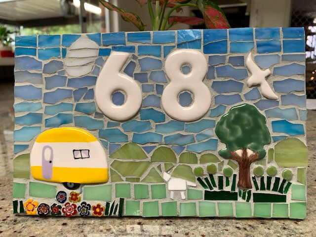 Christine's House Number Mosaic - using numbers bird tree and caravan ceramic inserts from MOSIAC INSPIRATION
