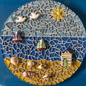 Margits beach scene - ceramic shells yachts birds from Mosaic Inspiration
