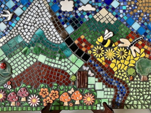 Jo's Mosaic House - DOOR, daisies, flowers, mushrooms, bee, dragonfly, tree, clouds, butterflies - Ceramic Inserts handmade by MOSAIC INSPIRATION