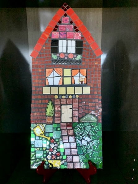 Jo's Mosaic House - Door, daisies, wheelbarrow, watering can, windows, leaves, flowers, bush Ceramic Inserts handmade by MOSAIC INSPIRATION