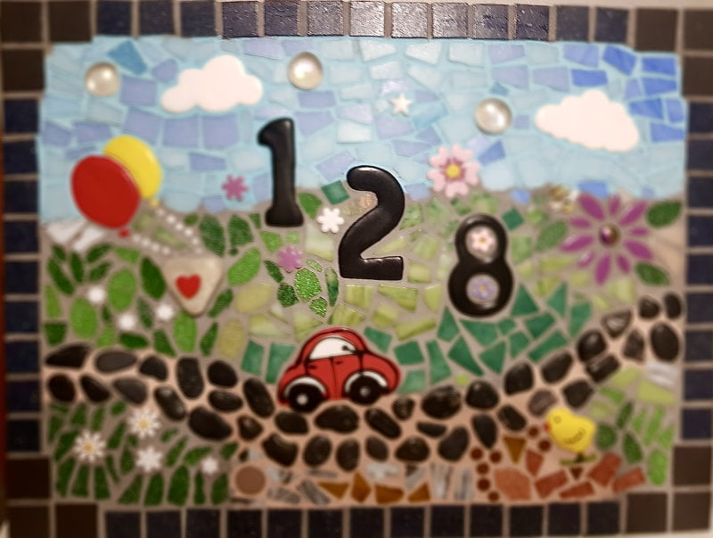 Monika's Mosaic - Clouds, numbers, balloons, chick, heart, daisies, cosmos Ceramic Inserts handmade by MOSAIC INSPIRATION